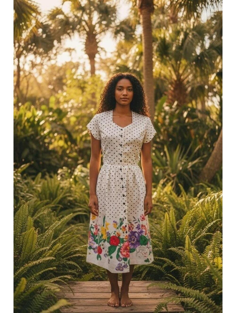 Vintage Polka Dot Dress Floral Hem Tina Barrie USA Button Front Midi Dress